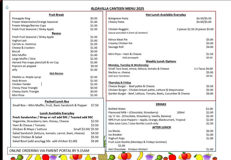 Photo of our canteen menu